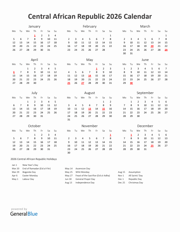 2026 Yearly Calendar Printable With Central African Republic Holidays