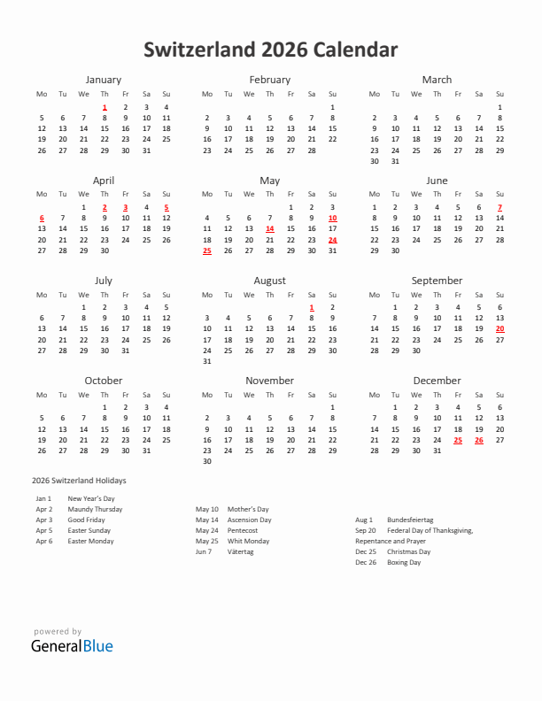 2026 Yearly Calendar Printable With Switzerland Holidays