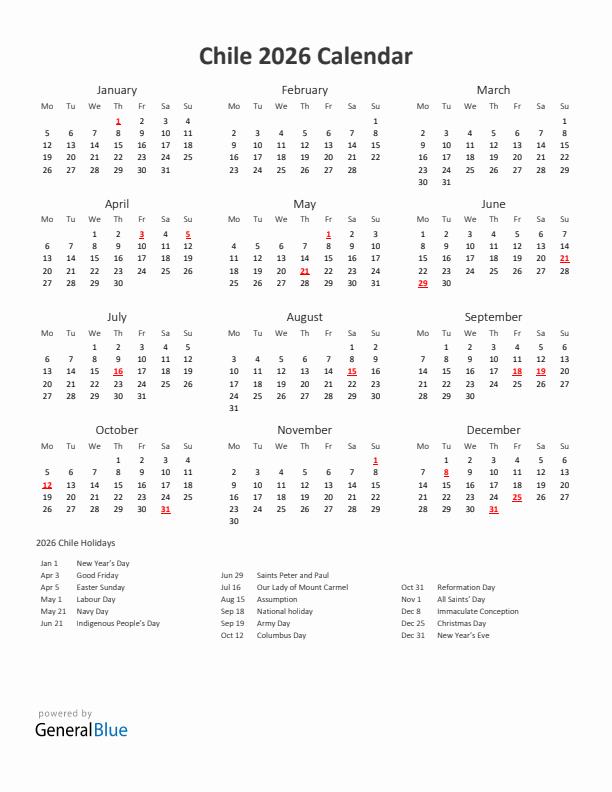 2026 Yearly Calendar Printable With Chile Holidays