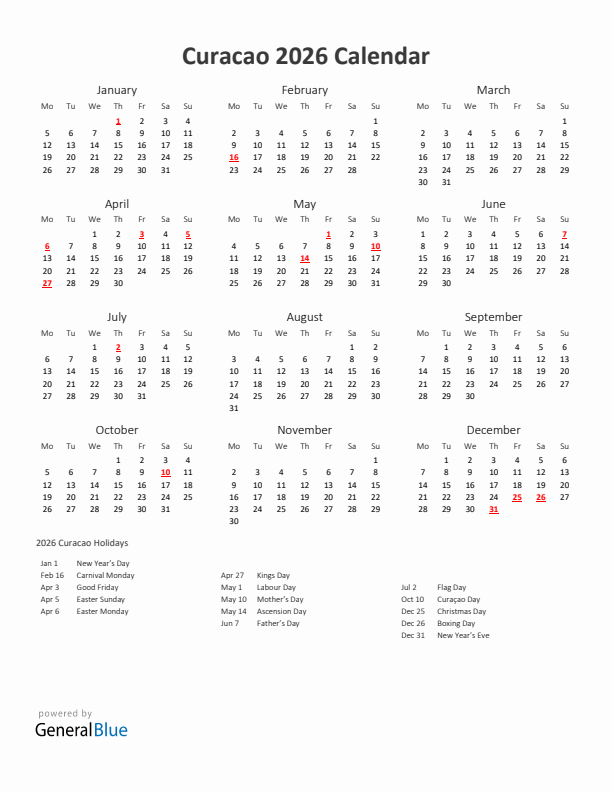 2026 Yearly Calendar Printable With Curacao Holidays