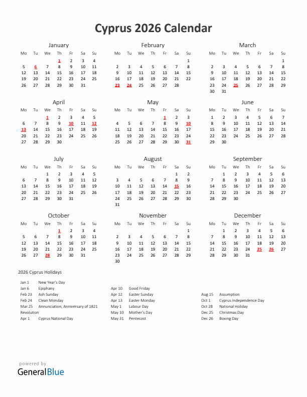 2026 Yearly Calendar Printable With Cyprus Holidays