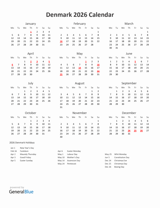 2026 Yearly Calendar Printable With Denmark Holidays