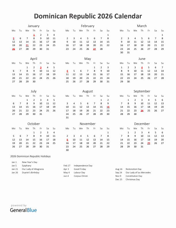 2026 Yearly Calendar Printable With Dominican Republic Holidays