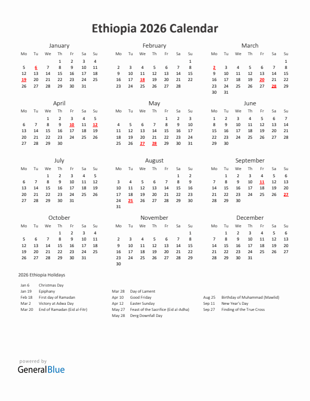 2026 Yearly Calendar Printable With Ethiopia Holidays