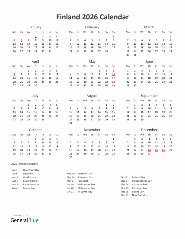 2026 Yearly Calendar Printable With Finland Holidays