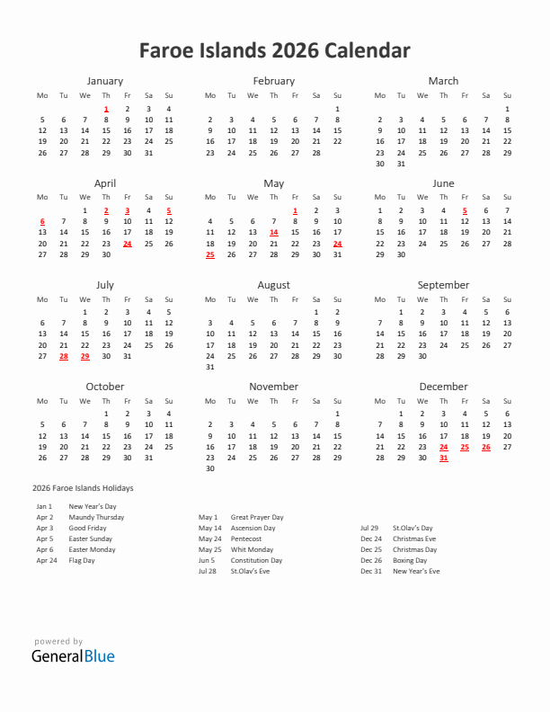 2026 Yearly Calendar Printable With Faroe Islands Holidays