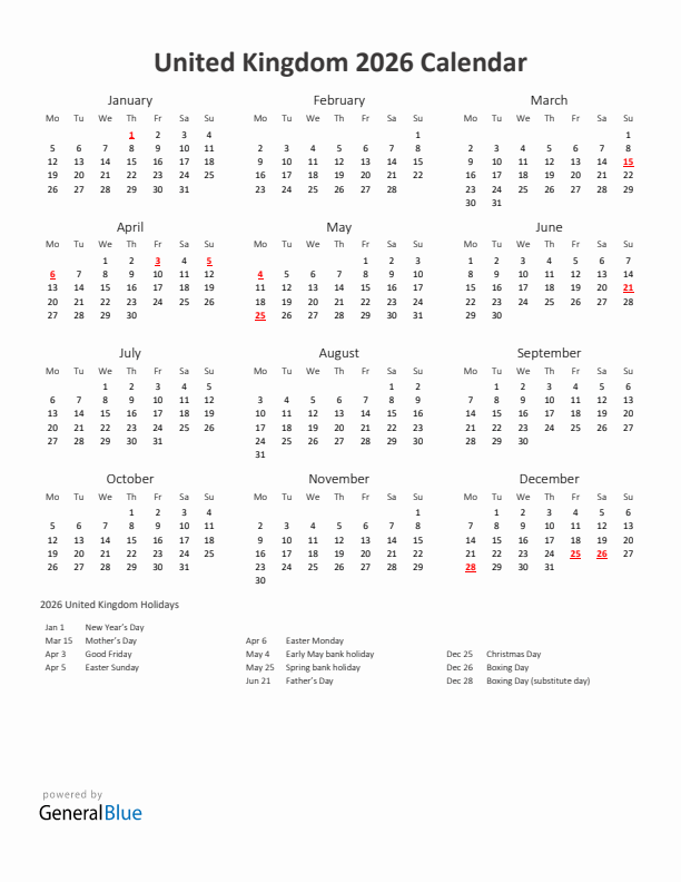 2026 Yearly Calendar Printable With United Kingdom Holidays