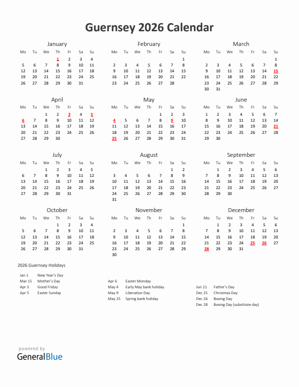 2026 Yearly Calendar Printable With Guernsey Holidays