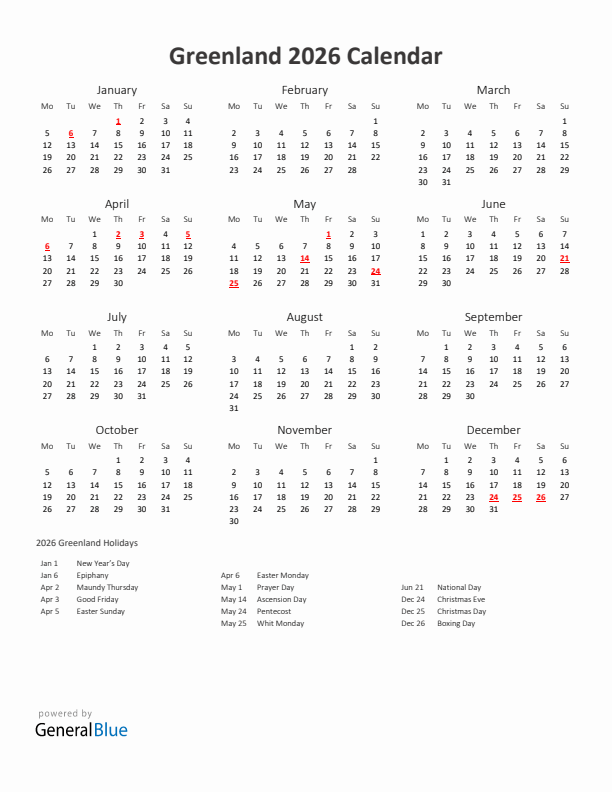 2026 Yearly Calendar Printable With Greenland Holidays