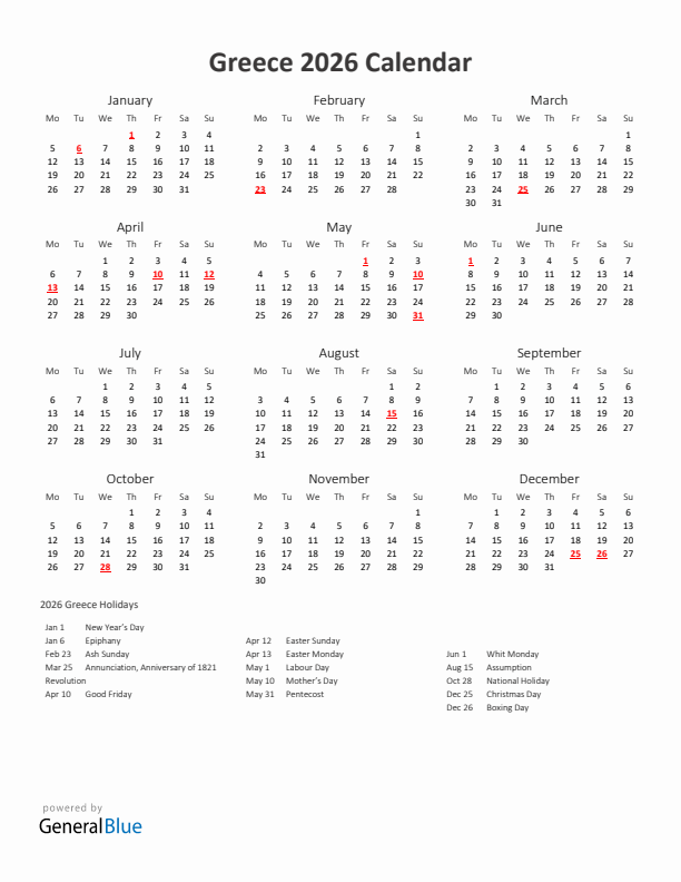 2026 Yearly Calendar Printable With Greece Holidays