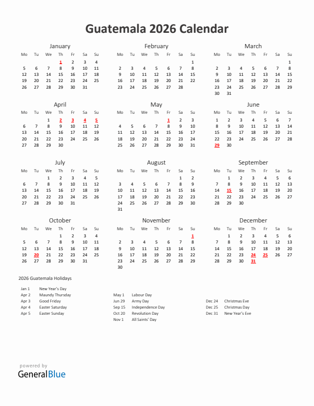 2026 Yearly Calendar Printable With Guatemala Holidays