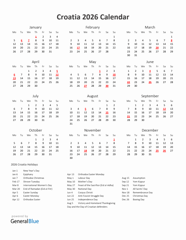 2026 Yearly Calendar Printable With Croatia Holidays