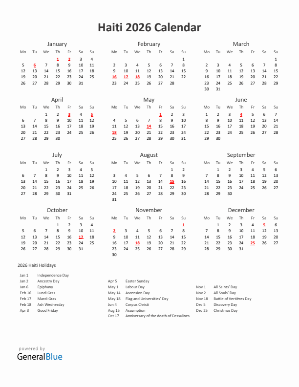 2026 Yearly Calendar Printable With Haiti Holidays