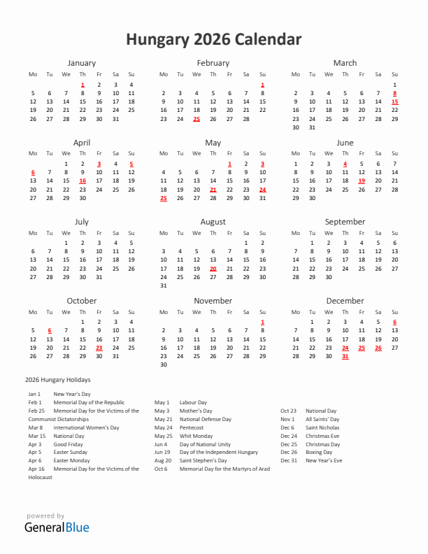 2026 Yearly Calendar Printable With Hungary Holidays