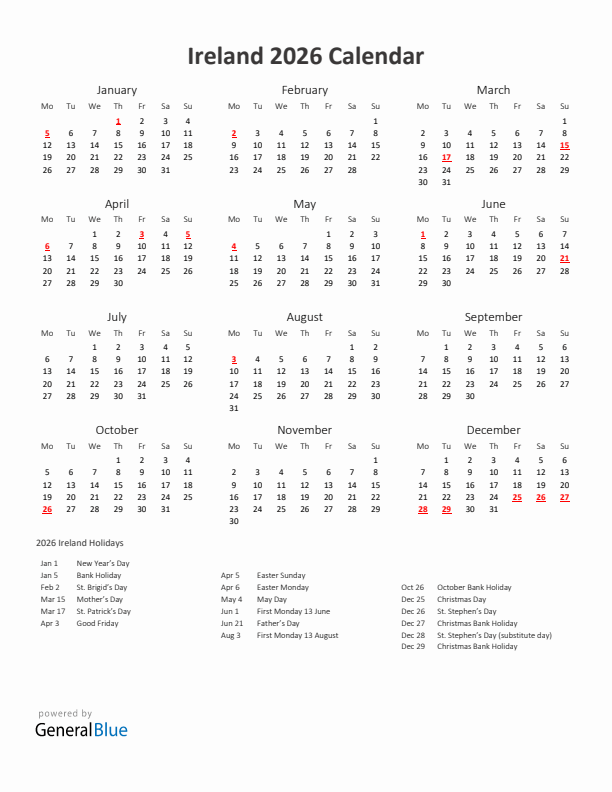 2026 Yearly Calendar Printable With Ireland Holidays