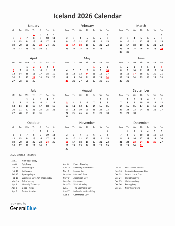 2026 Yearly Calendar Printable With Iceland Holidays