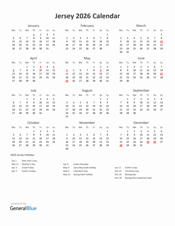 2026 Yearly Calendar Printable With Jersey Holidays