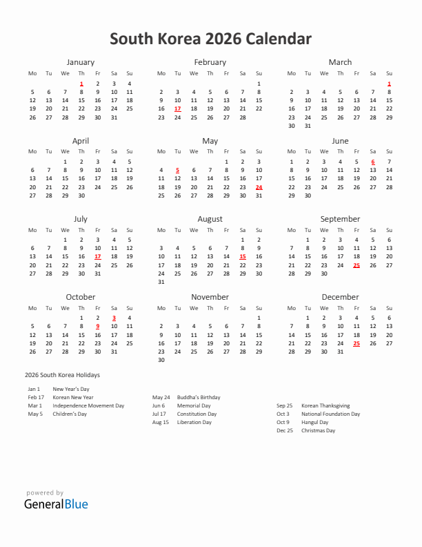 2026 Yearly Calendar Printable With South Korea Holidays