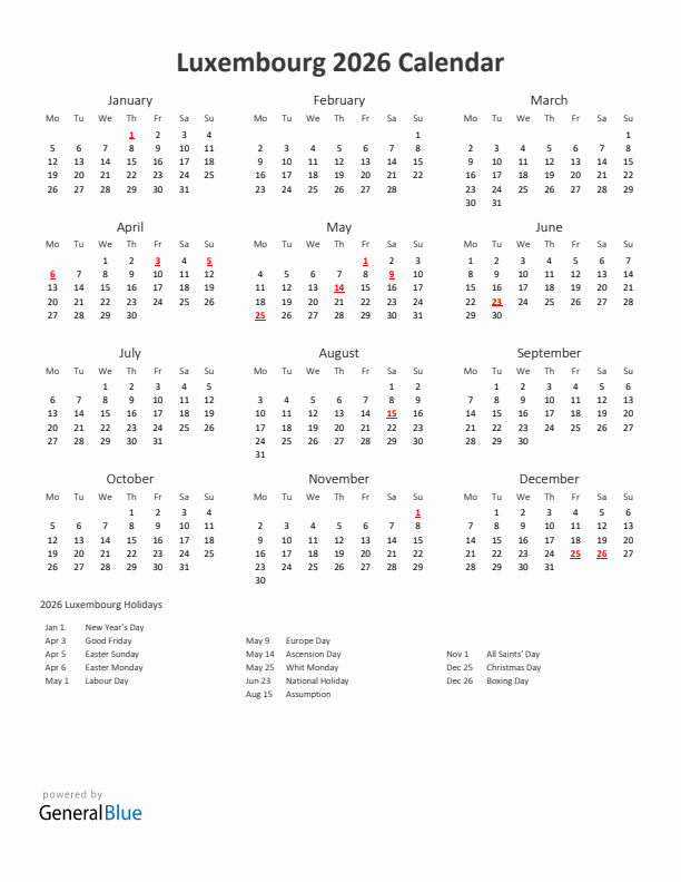 2026 Yearly Calendar Printable With Luxembourg Holidays