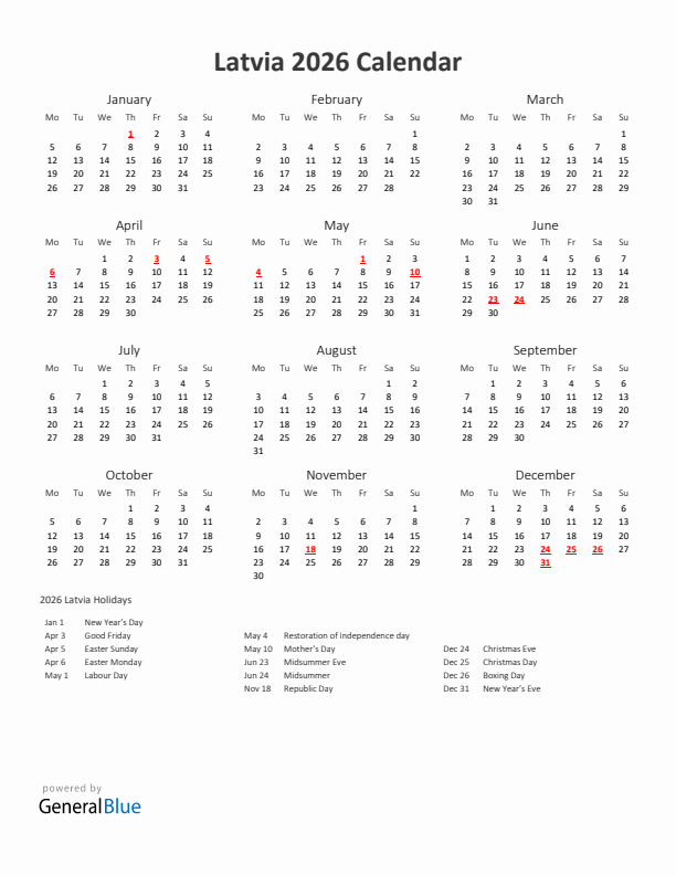 2026 Yearly Calendar Printable With Latvia Holidays