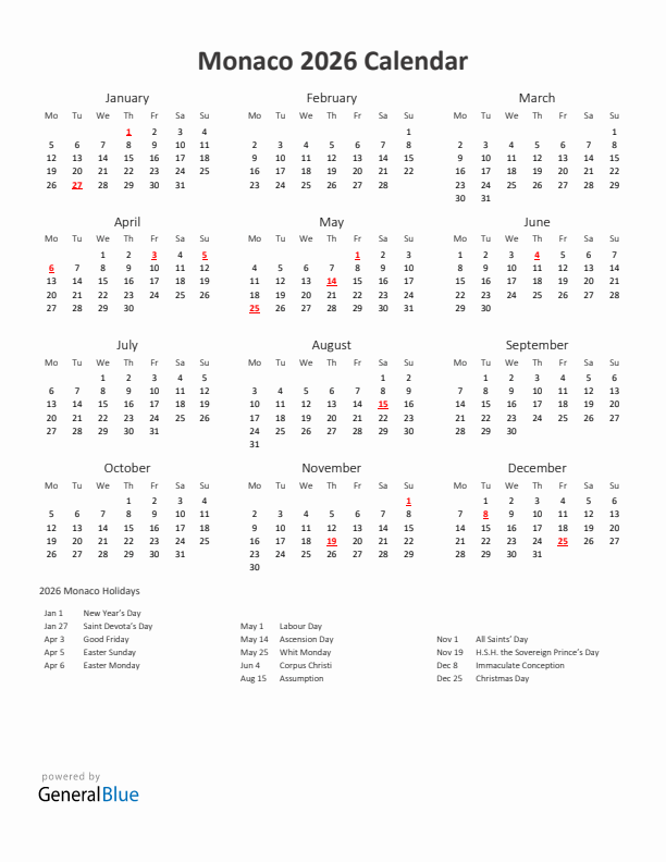 2026 Yearly Calendar Printable With Monaco Holidays