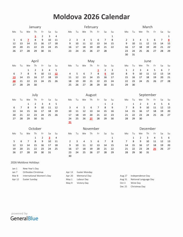 2026 Yearly Calendar Printable With Moldova Holidays