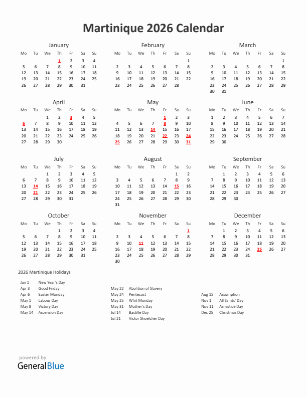 2026 Yearly Calendar Printable With Martinique Holidays