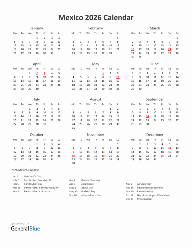 2026 Yearly Calendar Printable With Mexico Holidays