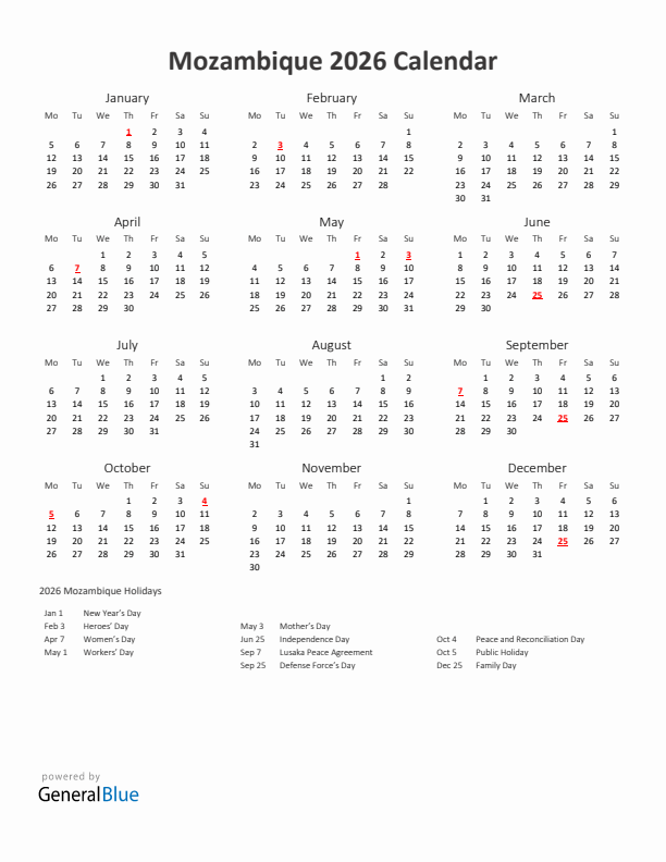 2026 Yearly Calendar Printable With Mozambique Holidays