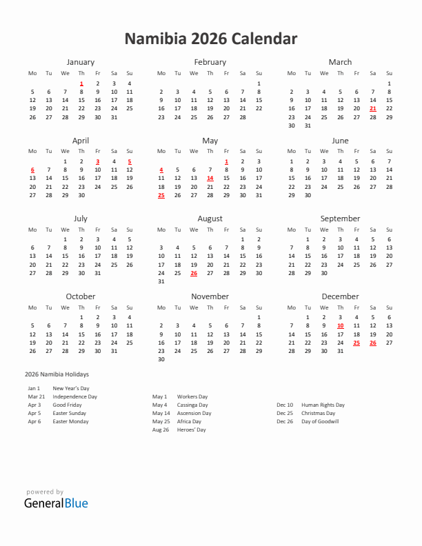 2026 Yearly Calendar Printable With Namibia Holidays