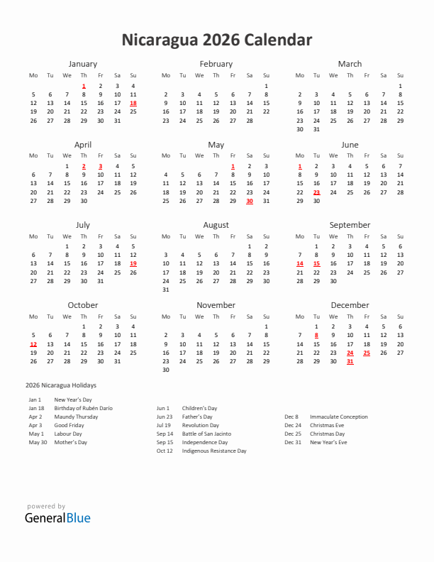 2026 Yearly Calendar Printable With Nicaragua Holidays