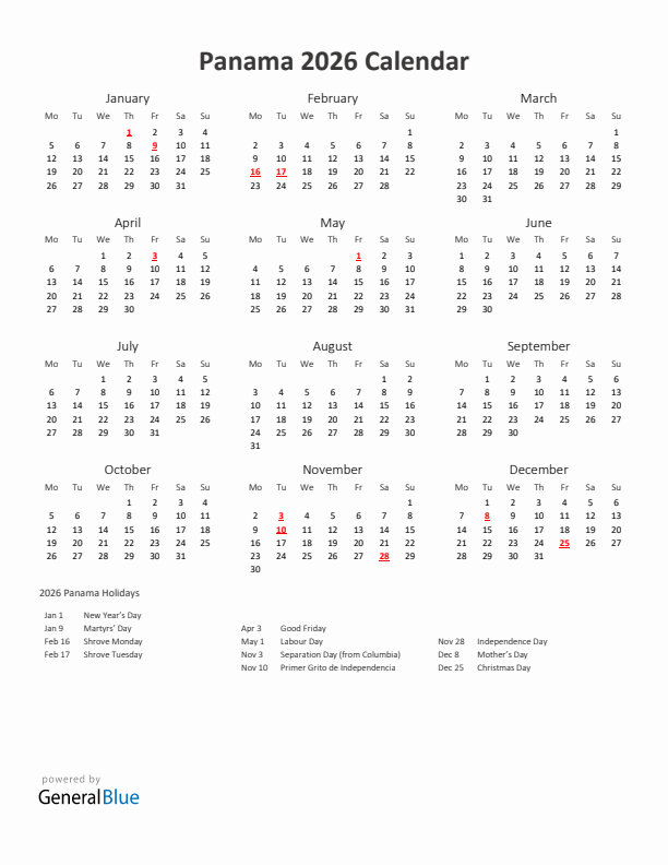 2026 Yearly Calendar Printable With Panama Holidays