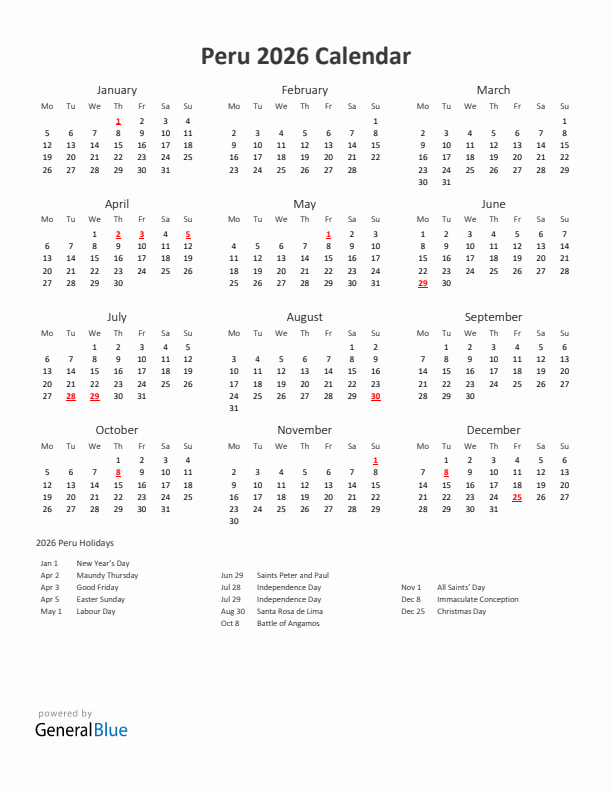 2026 Yearly Calendar Printable With Peru Holidays