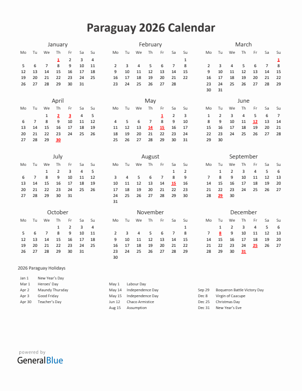 2026 Yearly Calendar Printable With Paraguay Holidays