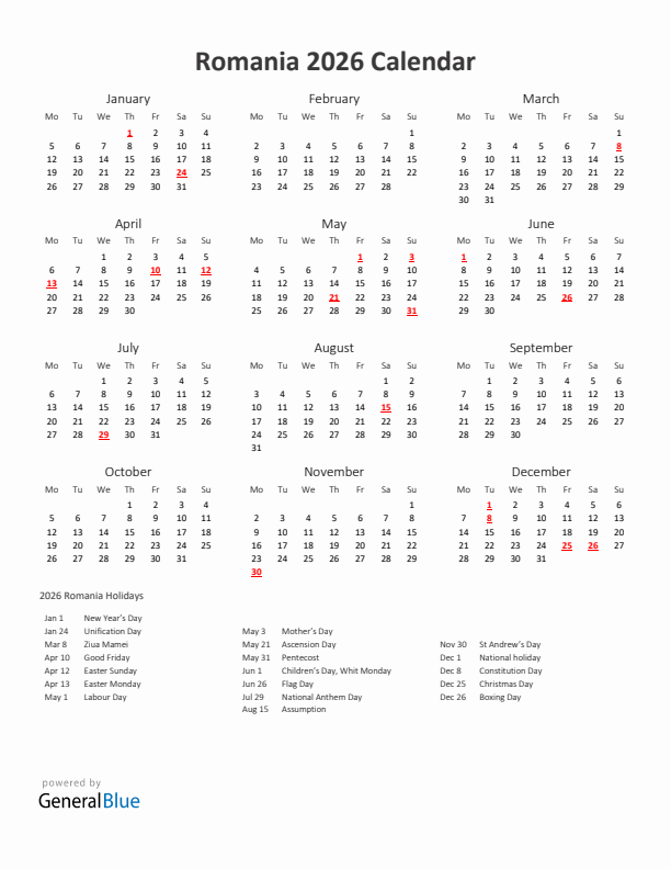 2026 Yearly Calendar Printable With Romania Holidays