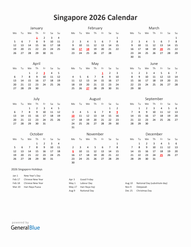 2026 Yearly Calendar Printable With Singapore Holidays