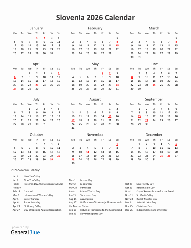 2026 Yearly Calendar Printable With Slovenia Holidays