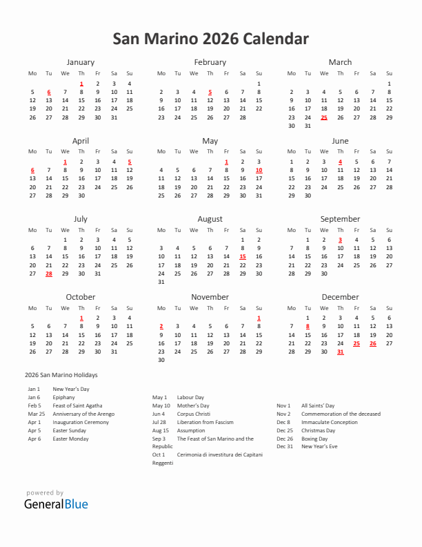 2026 Yearly Calendar Printable With San Marino Holidays