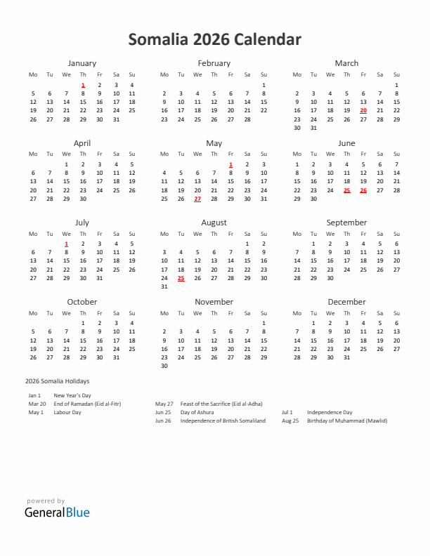 2026 Yearly Calendar Printable With Somalia Holidays