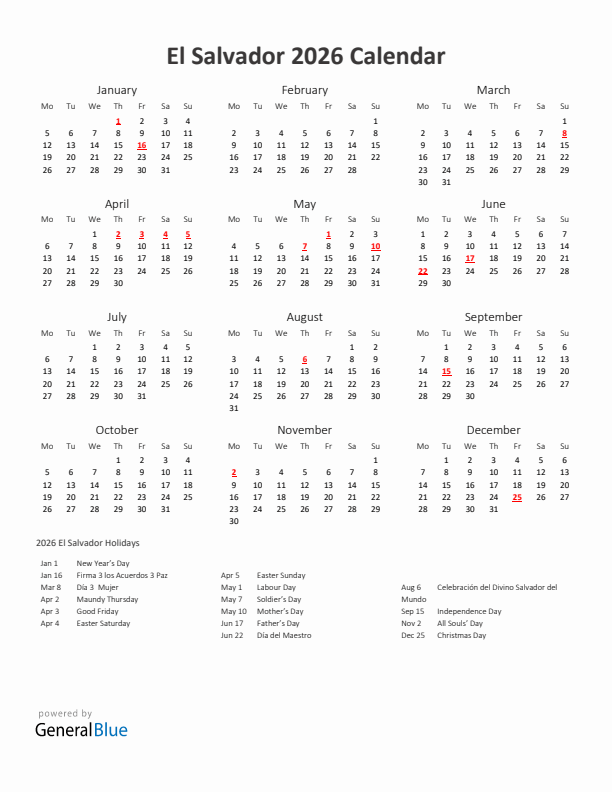 2026 Yearly Calendar Printable With El Salvador Holidays