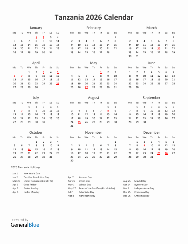 2026 Yearly Calendar Printable With Tanzania Holidays