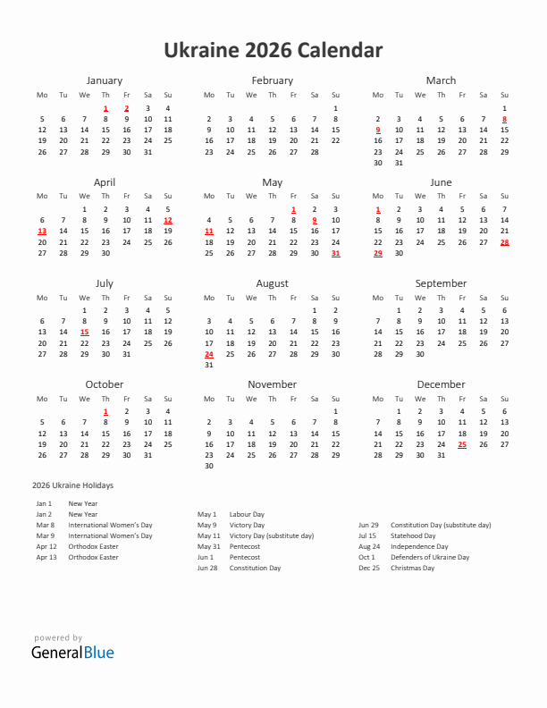 2026 Yearly Calendar Printable With Ukraine Holidays