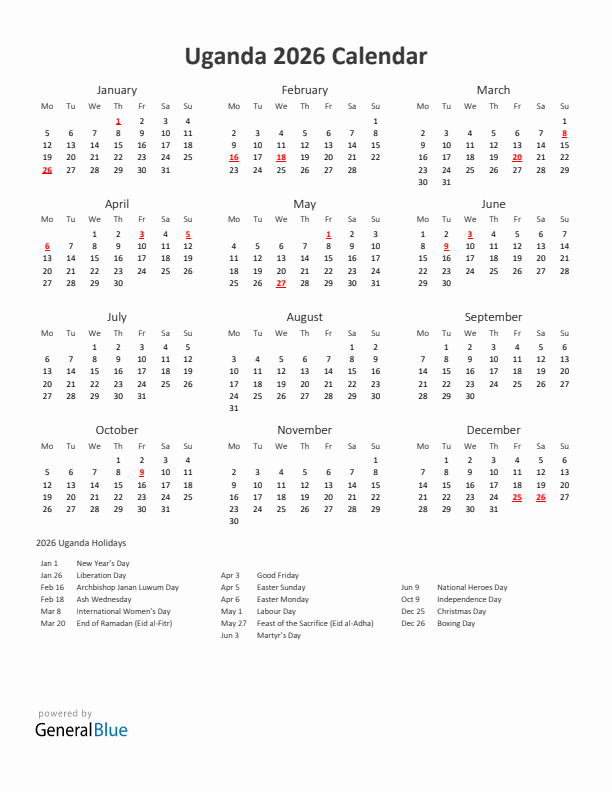 2026 Yearly Calendar Printable With Uganda Holidays