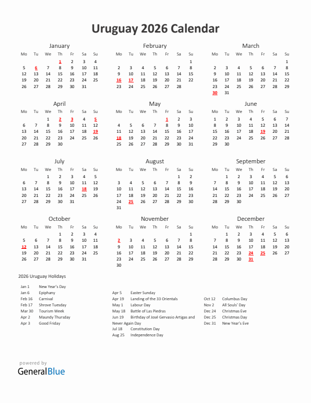 2026 Yearly Calendar Printable With Uruguay Holidays