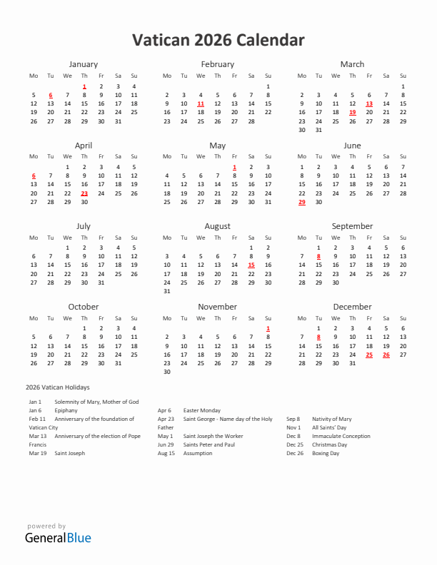 2026 Yearly Calendar Printable With Vatican Holidays