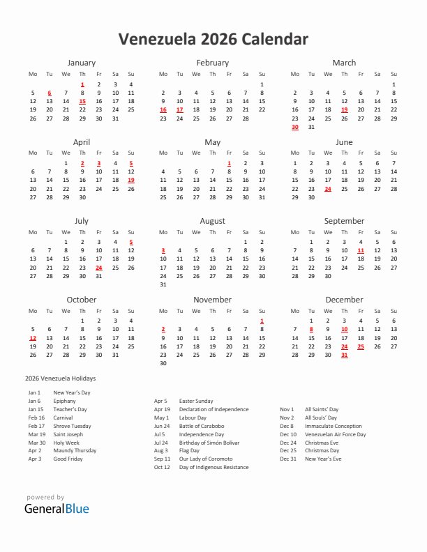 2026 Yearly Calendar Printable With Venezuela Holidays