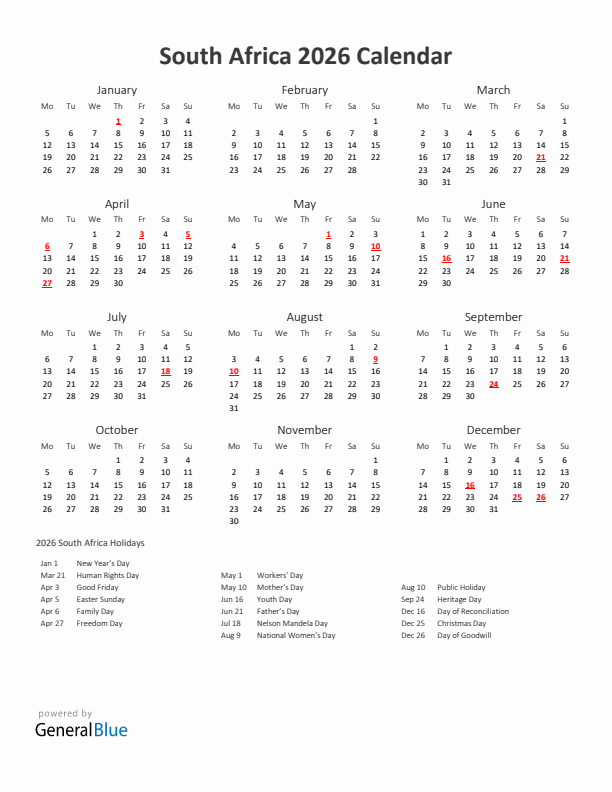 2026 Yearly Calendar Printable With South Africa Holidays