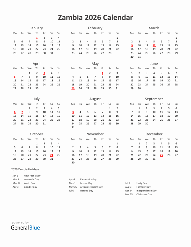 2026 Yearly Calendar Printable With Zambia Holidays