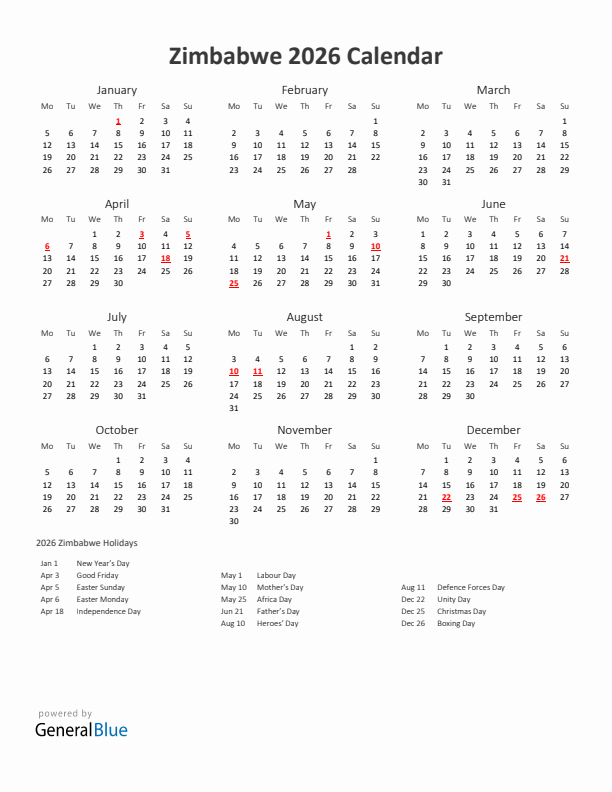 2026 Yearly Calendar Printable With Zimbabwe Holidays