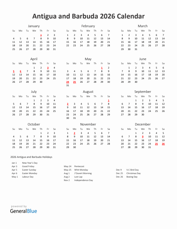 2026 Yearly Calendar Printable With Antigua and Barbuda Holidays